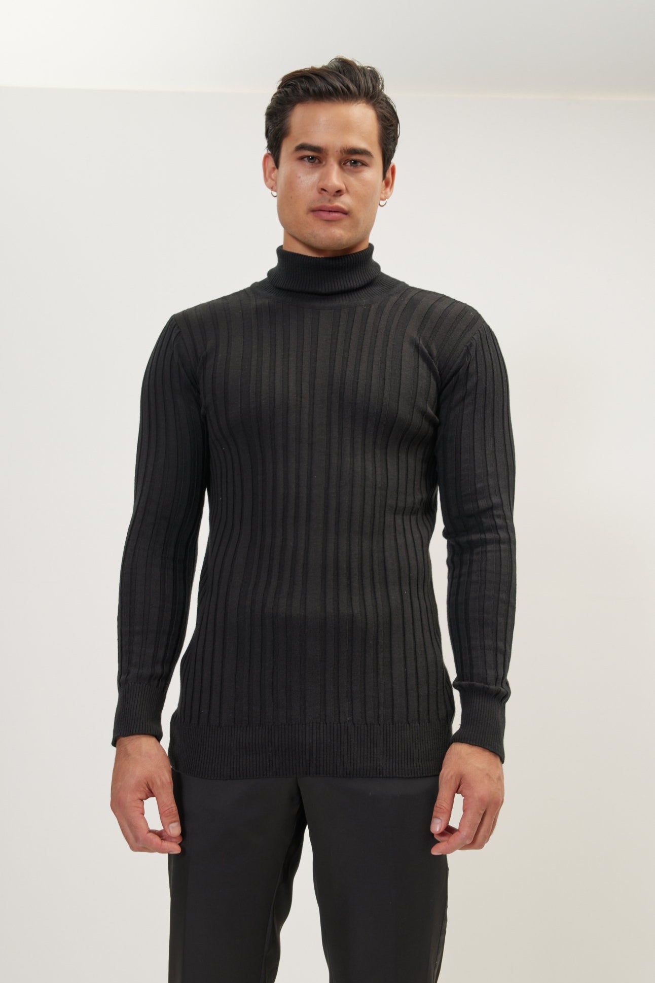 Roll Neck Ribbed Sweater - Black - Ron Tomson