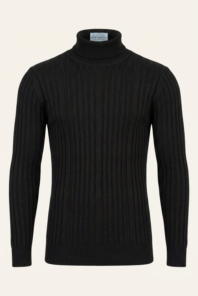 Roll Neck Ribbed Sweater - Black - Detail