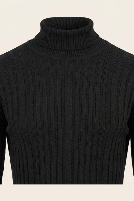 Roll Neck Ribbed Sweater - Black - Detail
