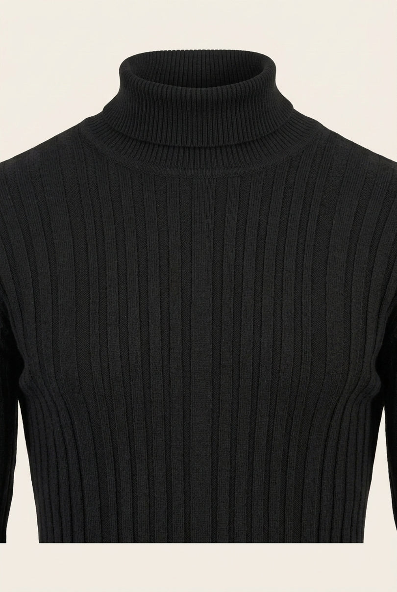 Roll Neck Ribbed Sweater - Black - Detail