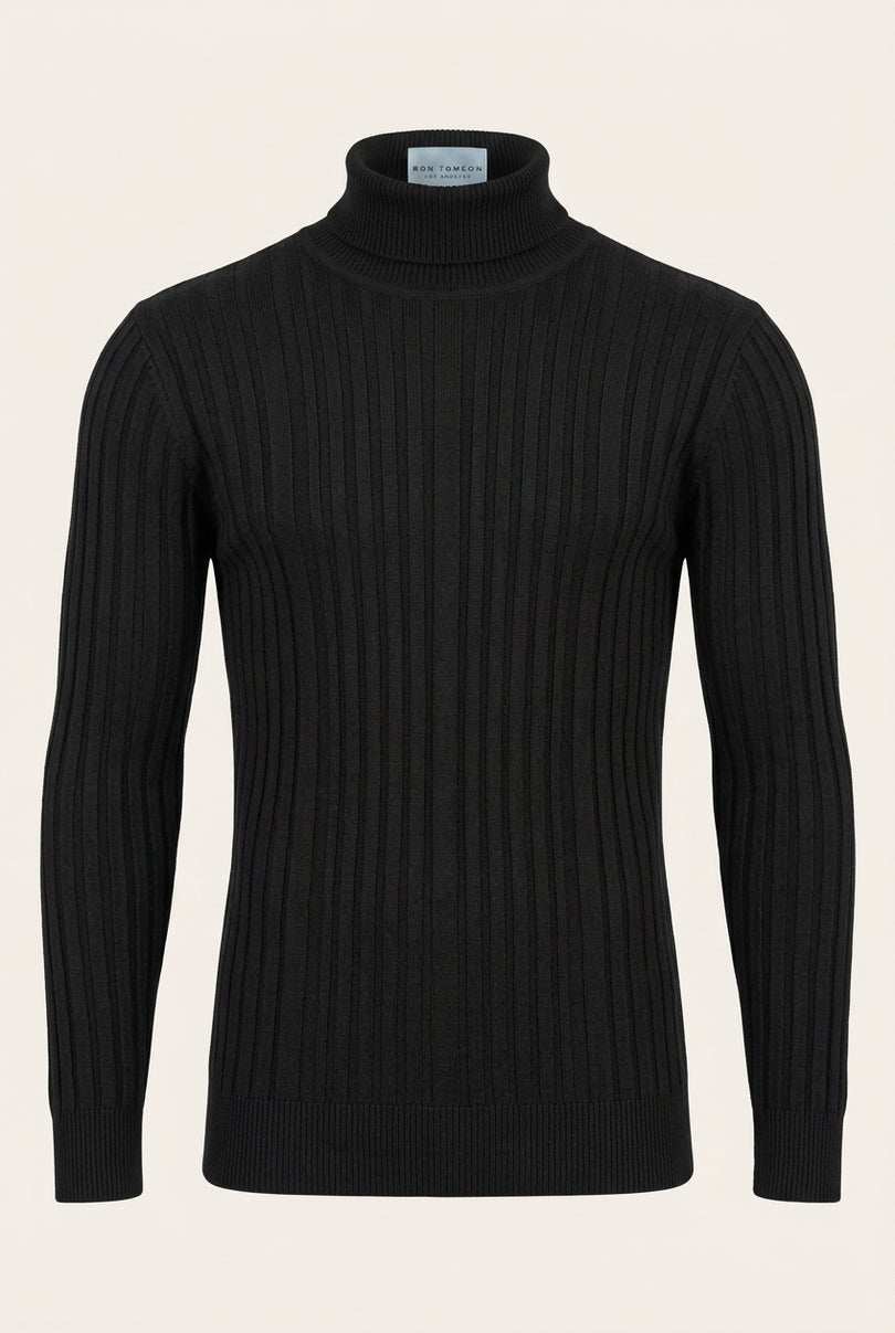 Roll Neck Ribbed Sweater - Black - Front