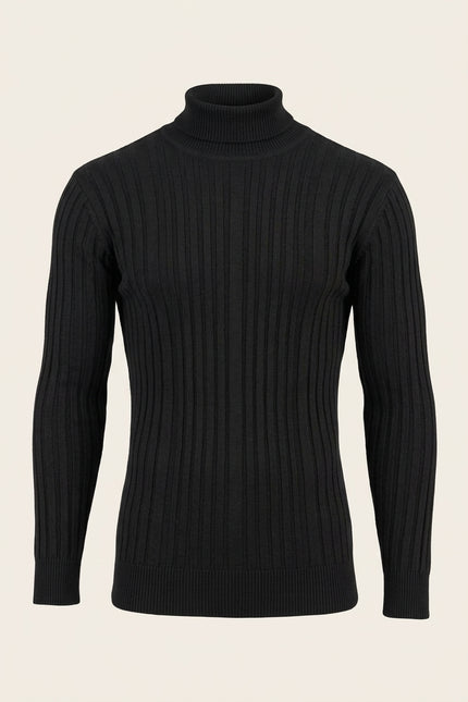 Roll Neck Ribbed Sweater - Black - Front