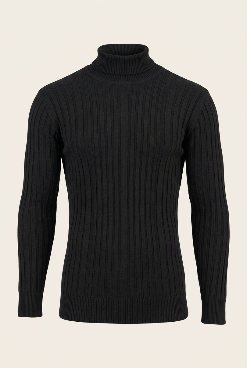 Roll Neck Ribbed Sweater - Black - Front
