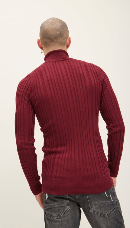 Roll Neck Ribbed Sweater - Burgundy - Ron Tomson