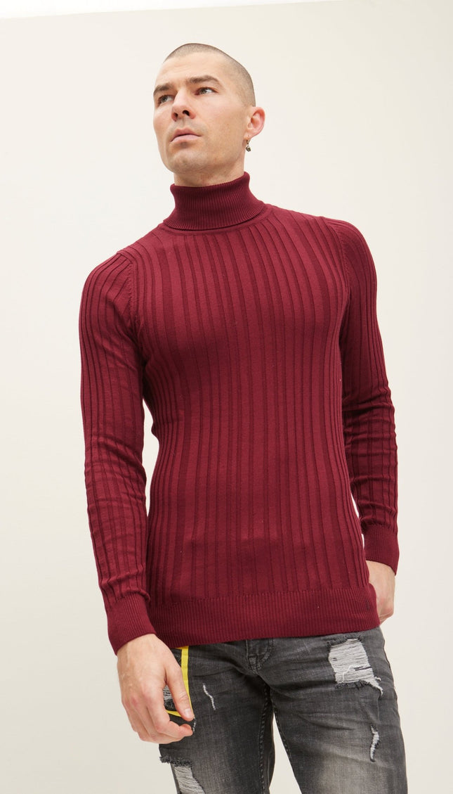 Roll Neck Ribbed Sweater - Burgundy - Ron Tomson