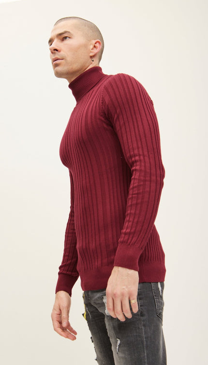 Roll Neck Ribbed Sweater - Burgundy - Ron Tomson