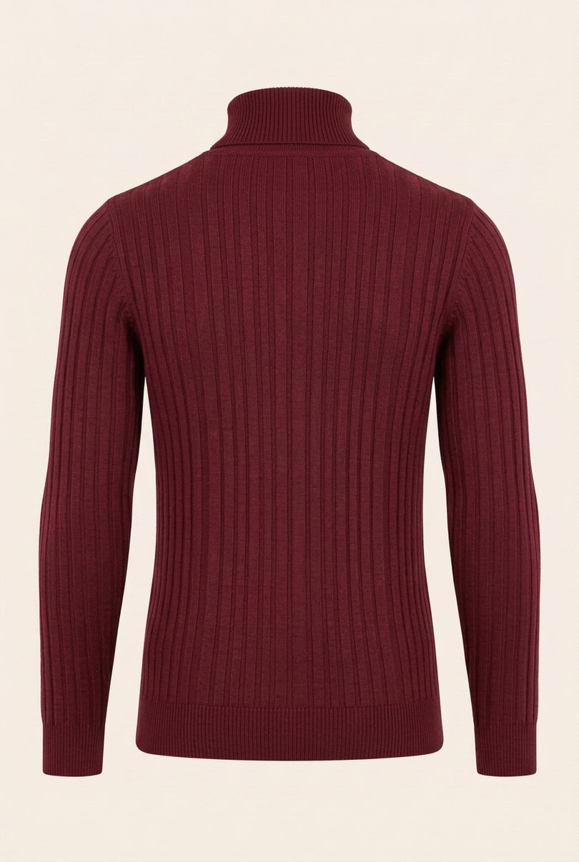 Roll Neck Ribbed Sweater - Burgundy - Back