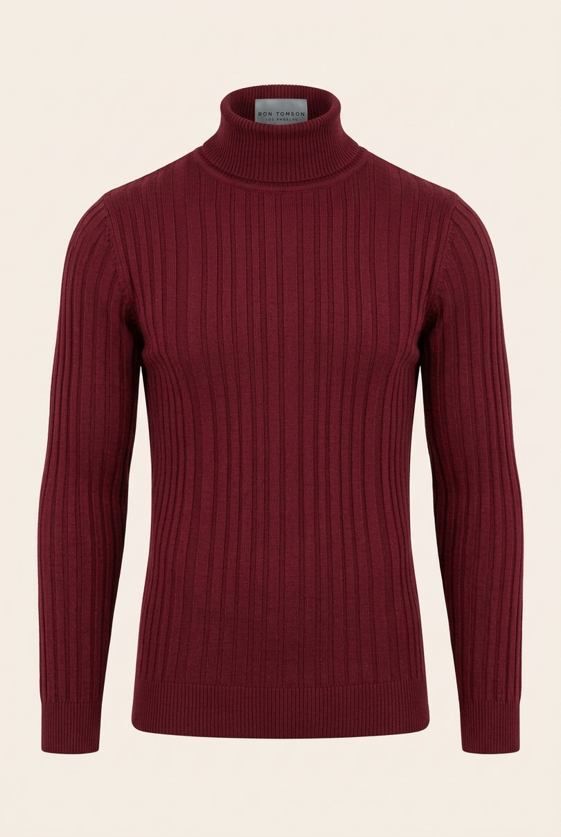 Roll Neck Ribbed Sweater - Burgundy - Front