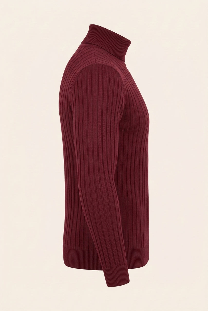 Roll Neck Ribbed Sweater - Burgundy - Side