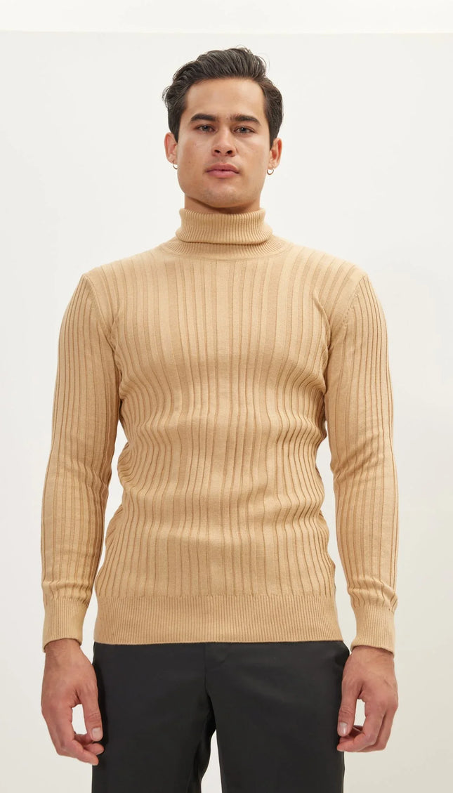 Roll Neck Ribbed Sweater - Camel - Ron Tomson