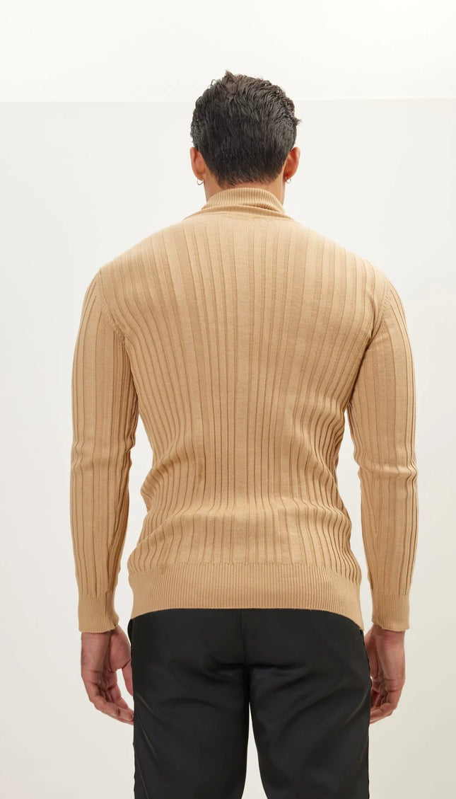 Roll Neck Ribbed Sweater - Camel - Ron Tomson
