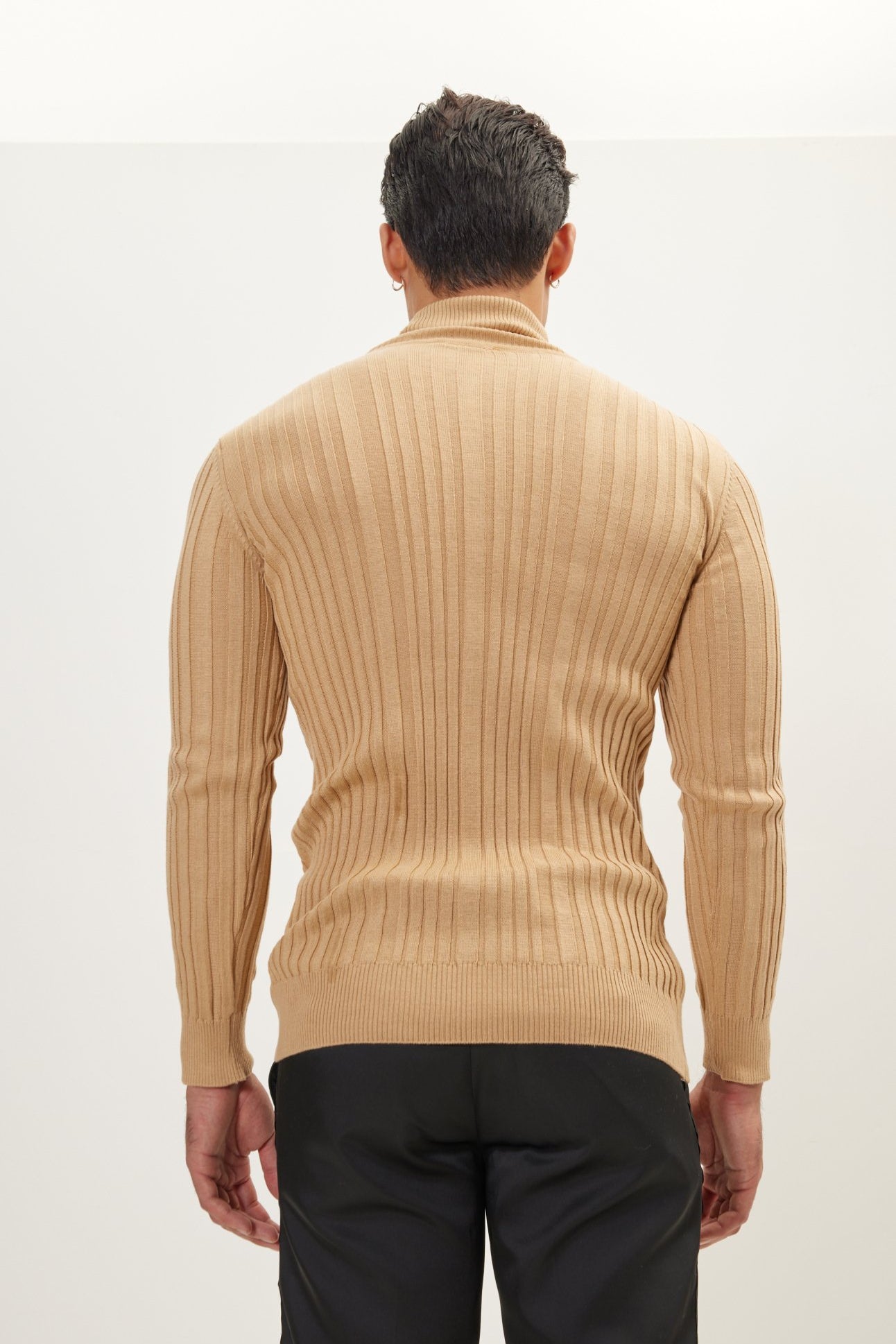Roll Neck Ribbed Sweater - Camel - Ron Tomson
