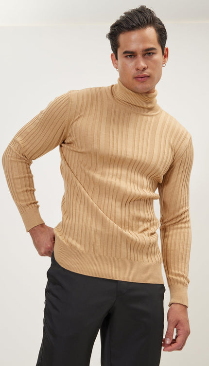 Roll Neck Ribbed Sweater - Camel - Ron Tomson