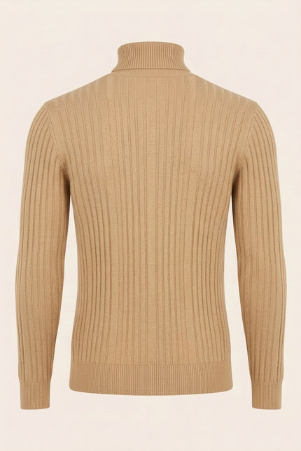 Roll Neck Ribbed Sweater - Camel - Back