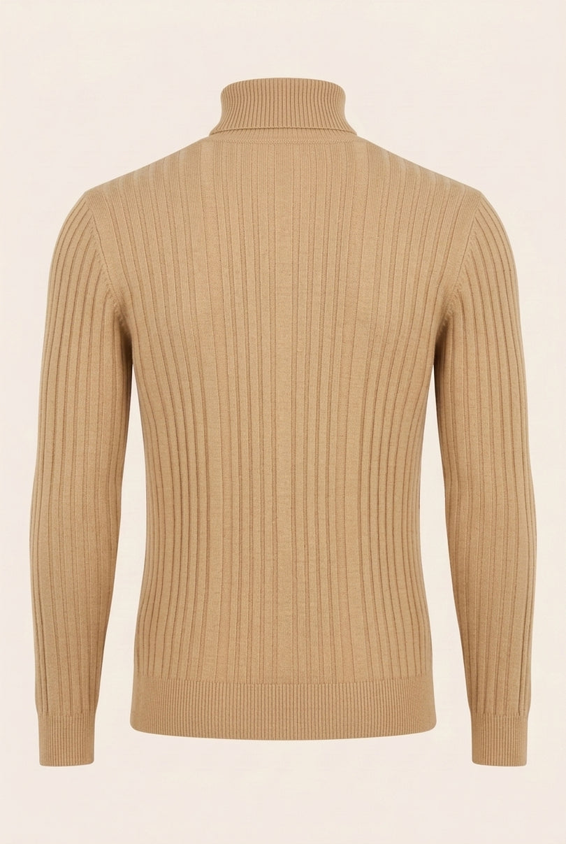 Roll Neck Ribbed Sweater - Camel - Back