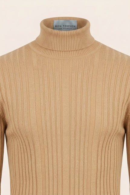 Roll Neck Ribbed Sweater - Camel - Detail
