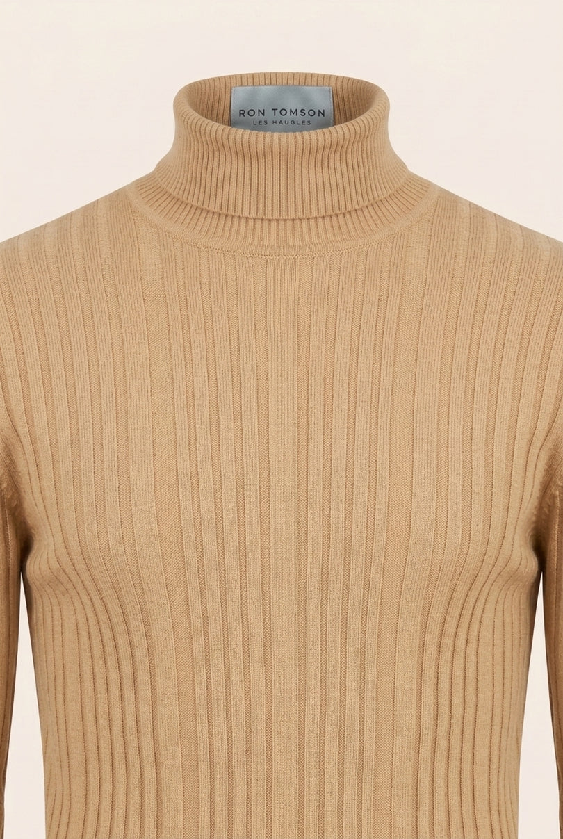 Roll Neck Ribbed Sweater - Camel - Detail