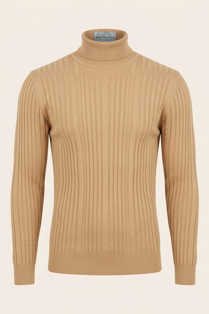 Roll Neck Ribbed Sweater - Camel - Front