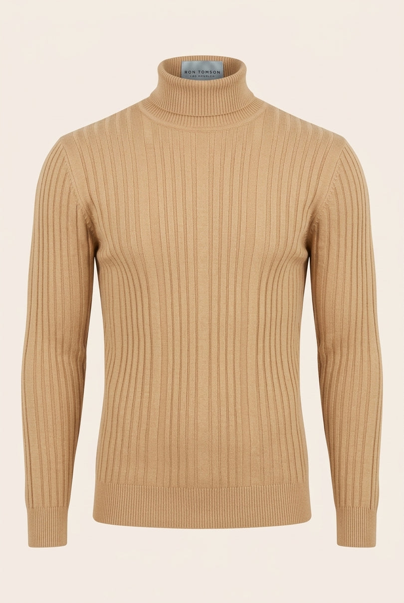 Roll Neck Ribbed Sweater - Camel - Front