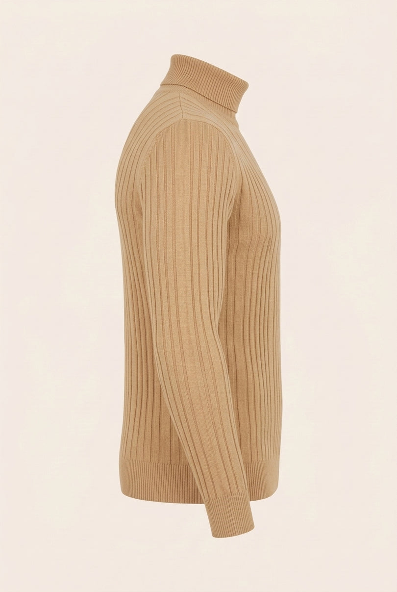 Roll Neck Ribbed Sweater - Camel - Side