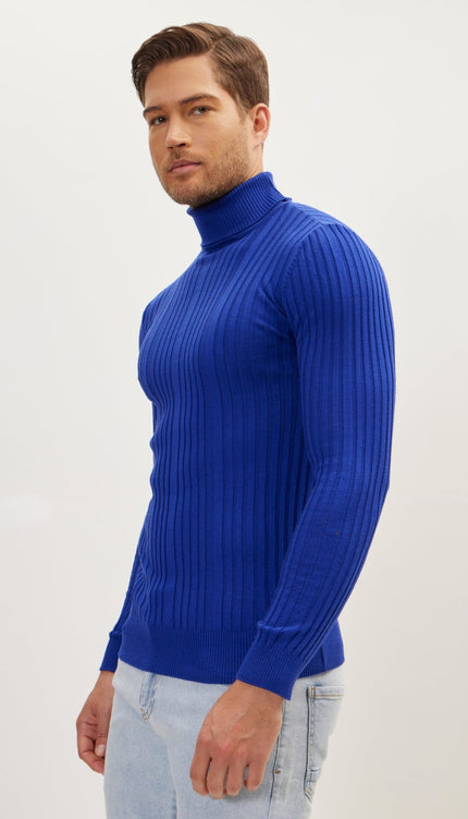 Roll Neck Ribbed Sweater - Electric Blue - Ron Tomson