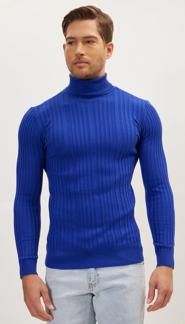 Roll Neck Ribbed Sweater - Electric Blue - Ron Tomson