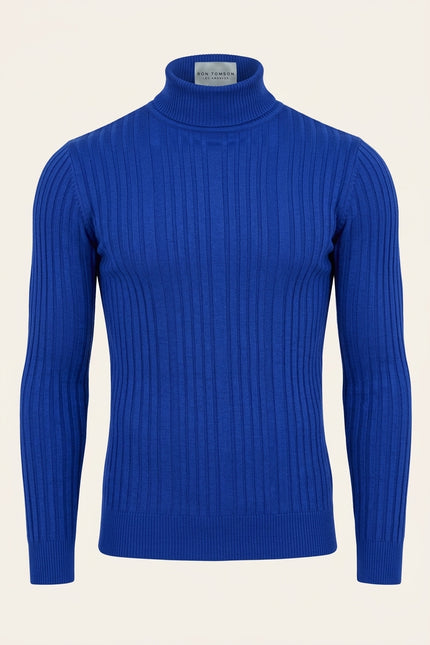 Roll Neck Ribbed Sweater - Electric Blue - Front
