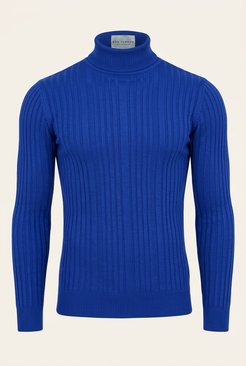 Roll Neck Ribbed Sweater - Electric Blue - Front