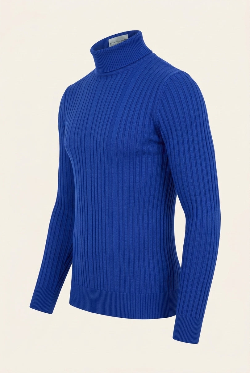 Roll Neck Ribbed Sweater - Electric Blue - Side