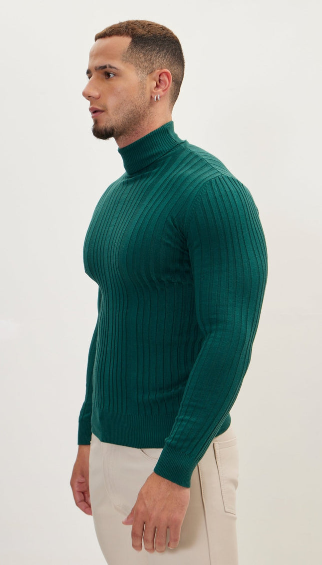 Roll Neck Ribbed Sweater - Green - Ron Tomson