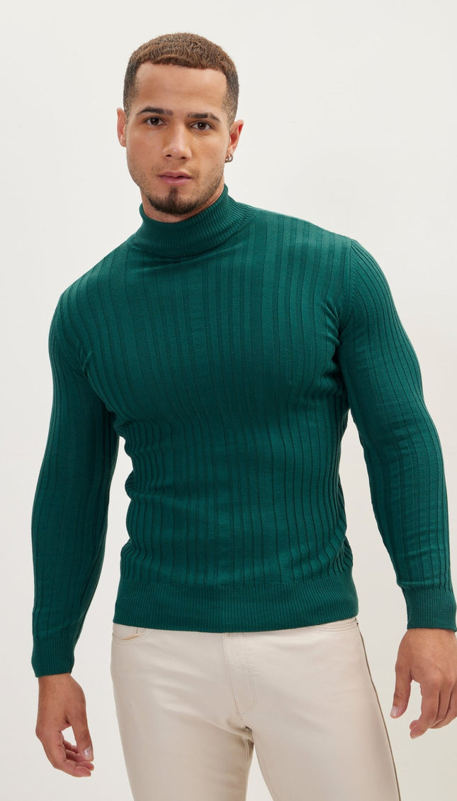 Roll Neck Ribbed Sweater - Green - Ron Tomson