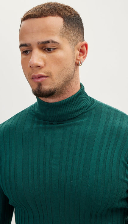 Roll Neck Ribbed Sweater - Green - Ron Tomson