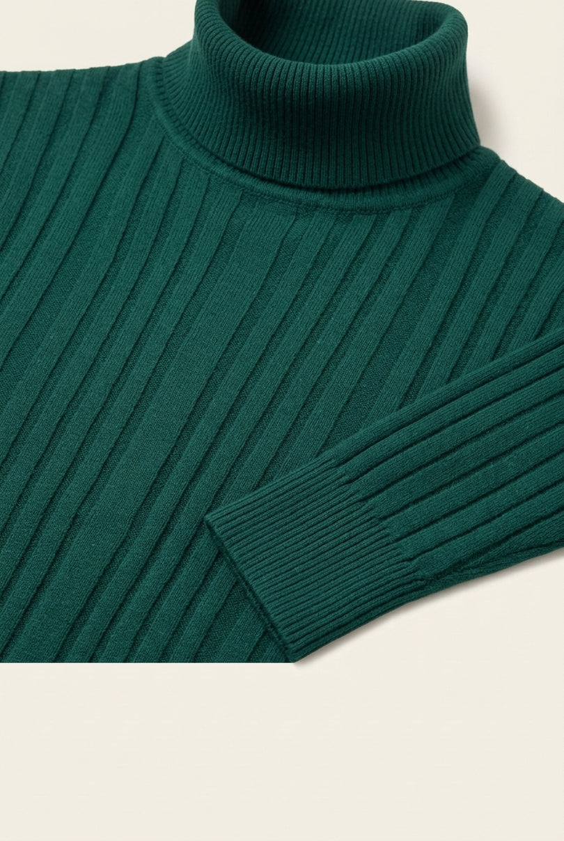 Roll Neck Ribbed Sweater - Green - Detail