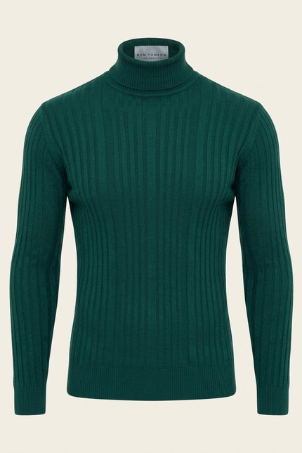 Roll Neck Ribbed Sweater - Green - Front