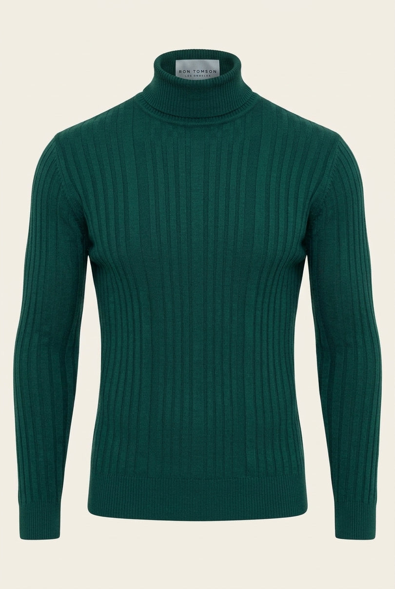 Roll Neck Ribbed Sweater - Green - Front