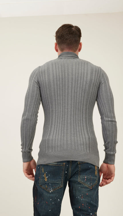 Roll Neck Ribbed Sweater - Grey - Ron Tomson