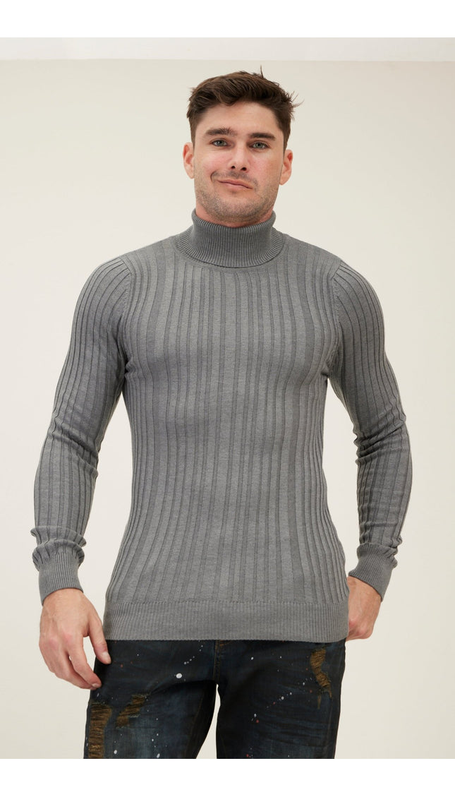Roll Neck Ribbed Sweater - Grey - Ron Tomson