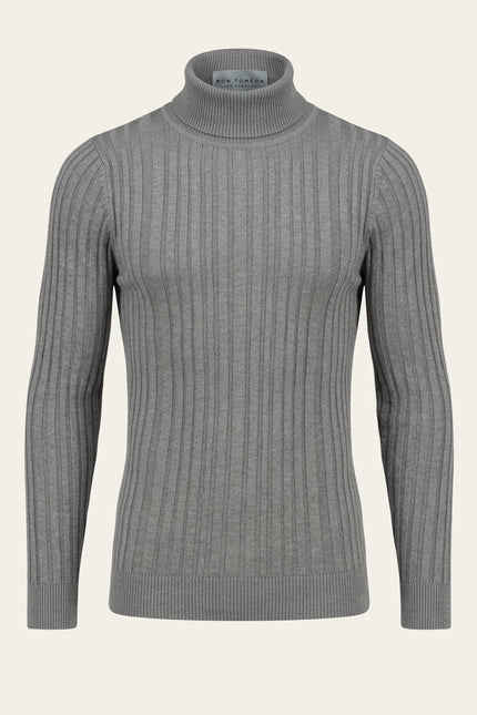 Roll Neck Ribbed Sweater - Grey - Front