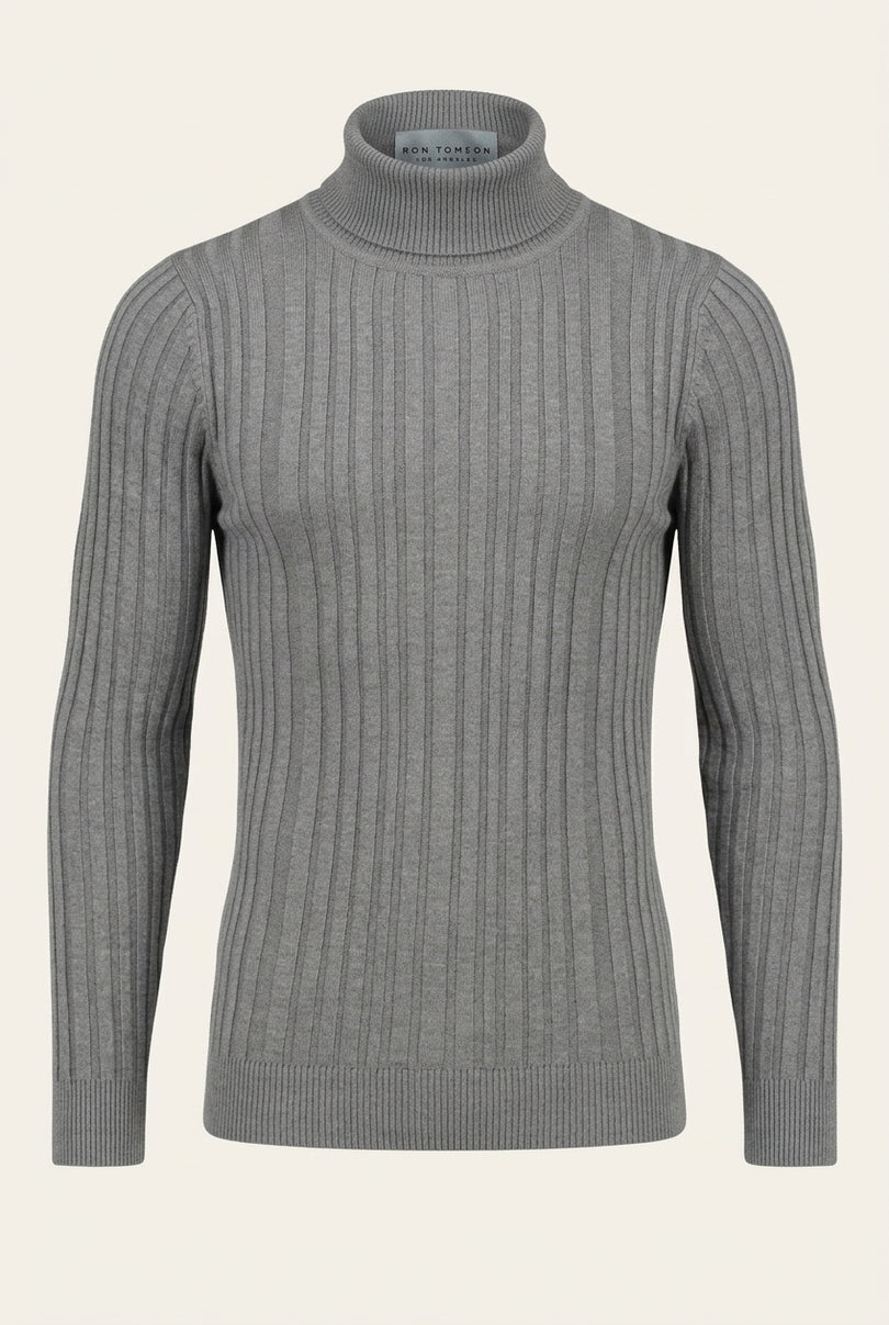 Roll Neck Ribbed Sweater - Grey - Front