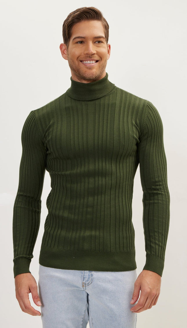 Roll Neck Ribbed Sweater - Khaki - Ron Tomson