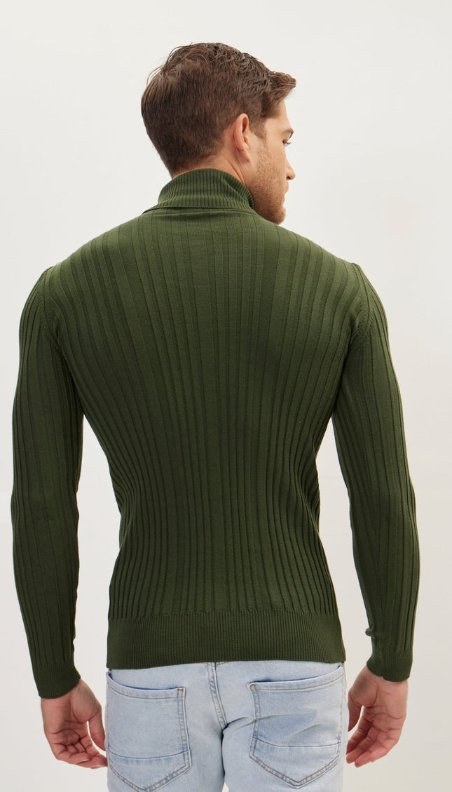 Roll Neck Ribbed Sweater - Khaki - Ron Tomson