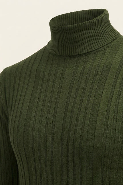 Roll Neck Ribbed Sweater - Khaki - Detail