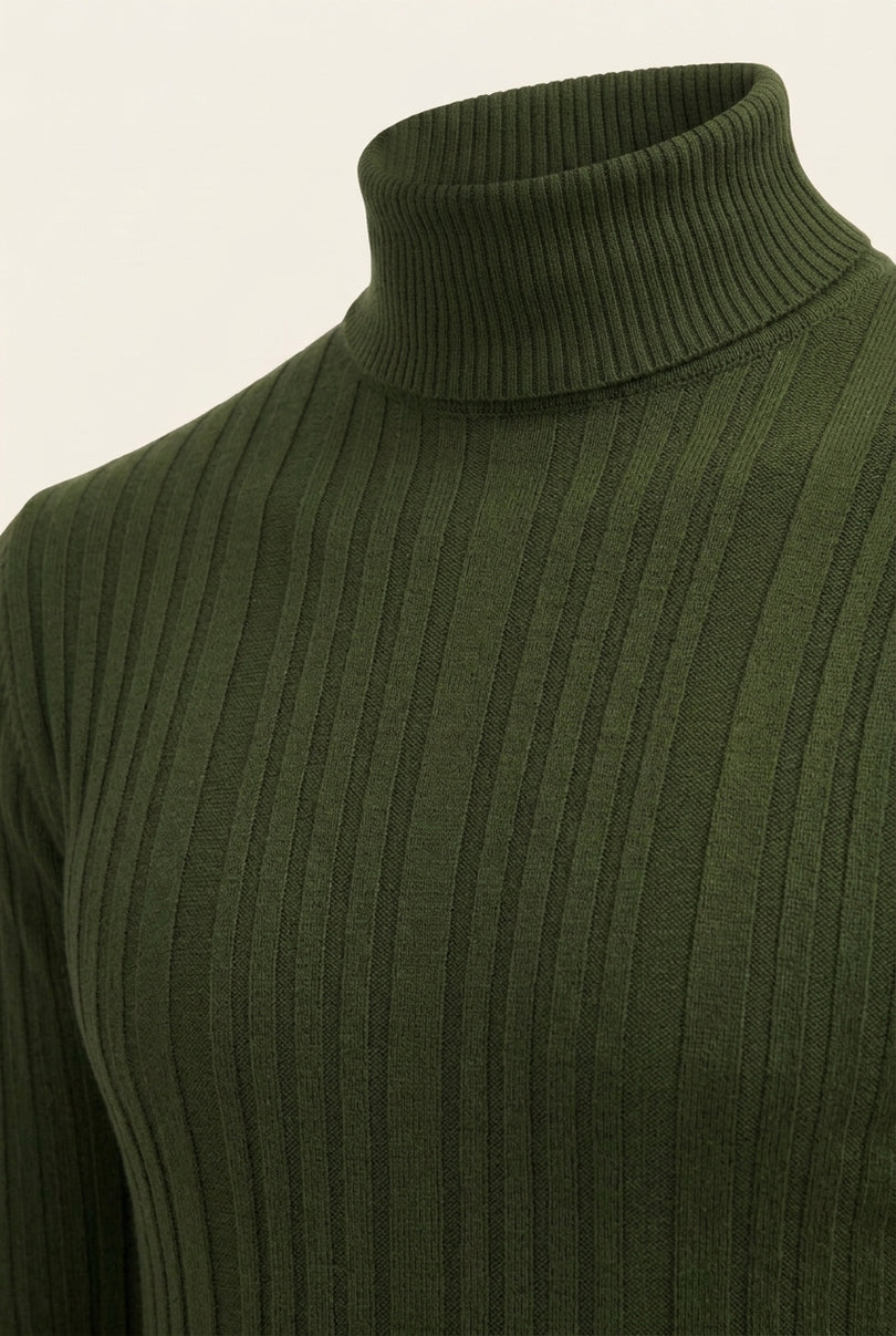 Roll Neck Ribbed Sweater - Khaki - Detail