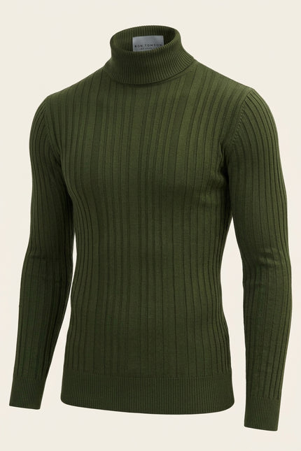 Roll Neck Ribbed Sweater - Khaki - Front