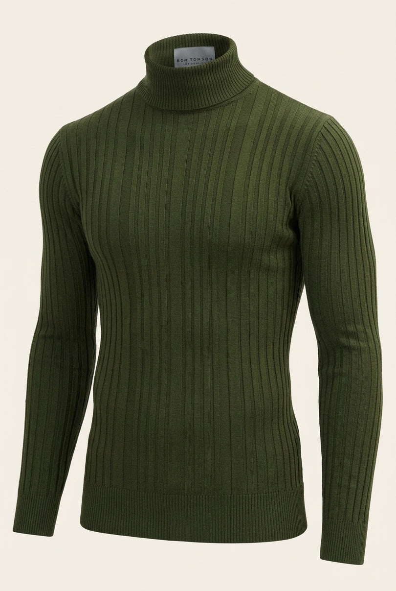 Roll Neck Ribbed Sweater - Khaki - Front