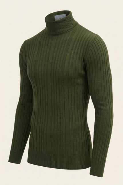 Roll Neck Ribbed Sweater - Khaki - Side