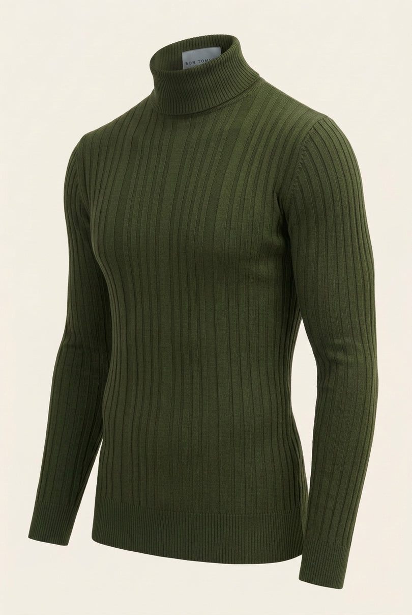 Roll Neck Ribbed Sweater - Khaki - Side
