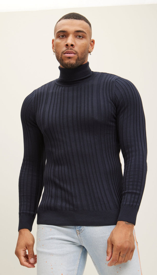 Roll Neck Ribbed Sweater - Navy - Ron Tomson