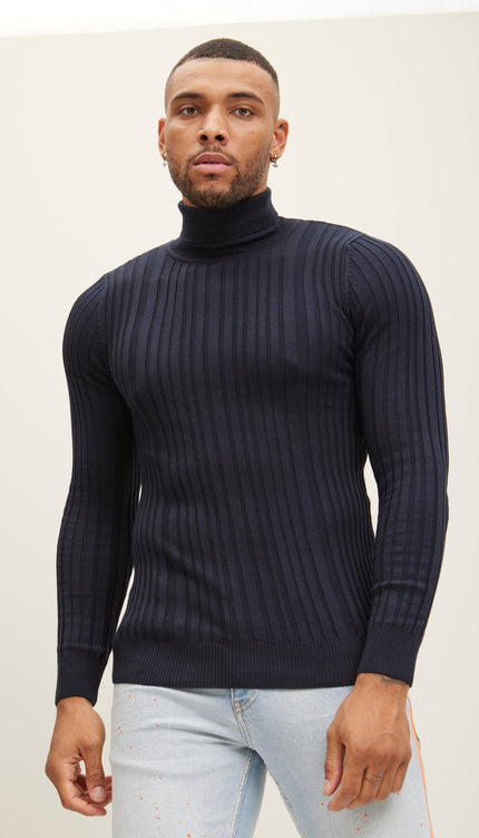Roll Neck Ribbed Sweater - Navy - Ron Tomson