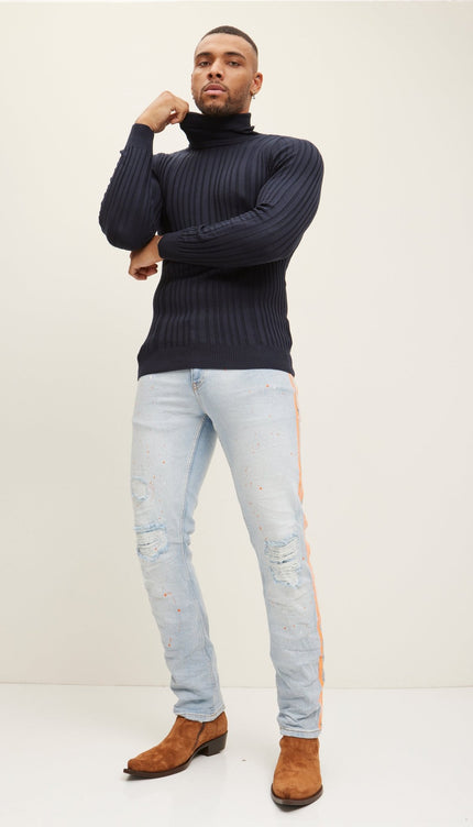 Roll Neck Ribbed Sweater - Navy - Ron Tomson